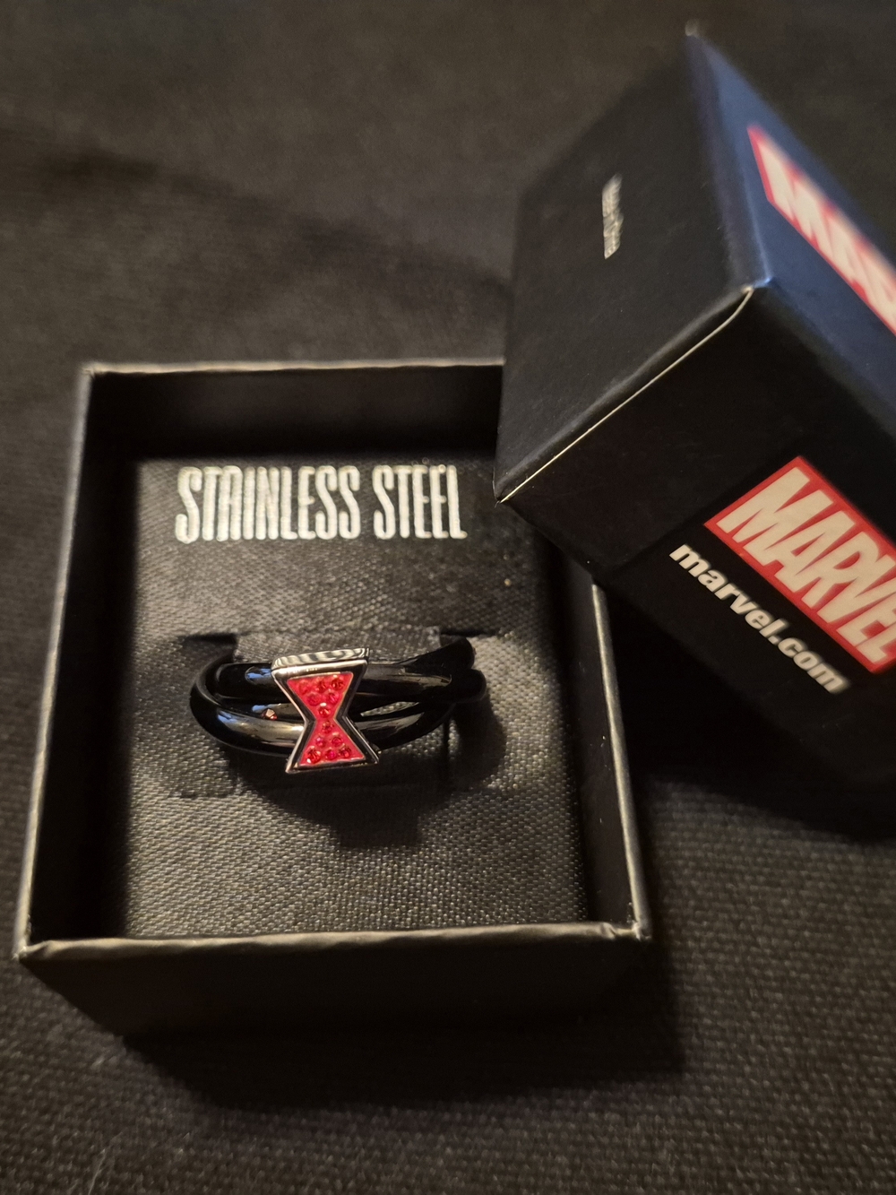 Marvel Black Stainless Steel Ring with Red Hourglass Accent